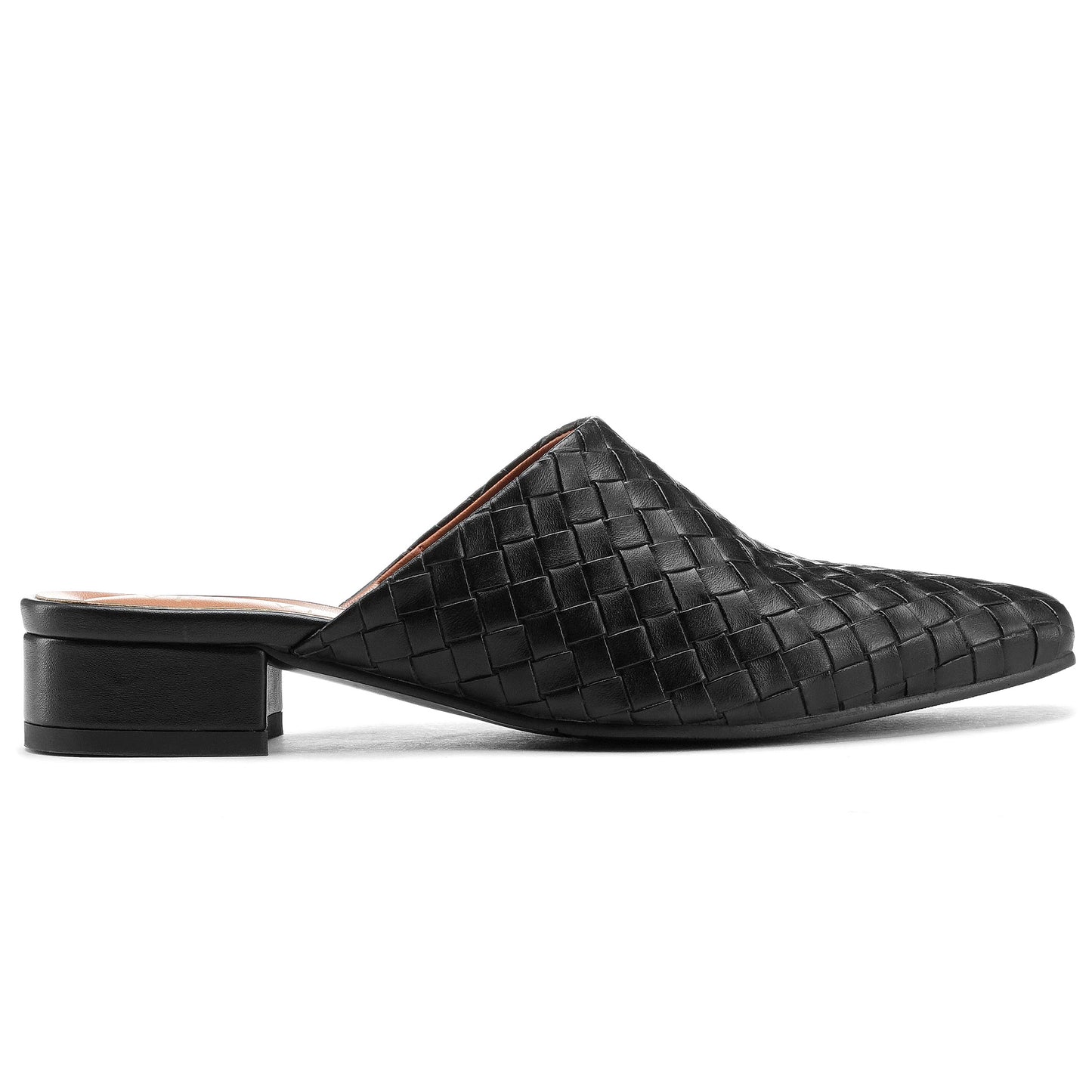 Side view of classic black woven low heel mules for women with square toe design