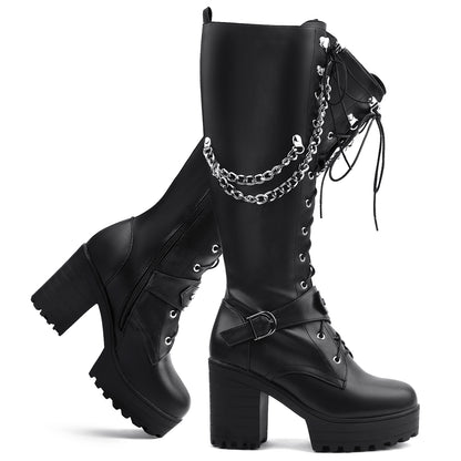 Lace Up Knee High Boots - Women Platform Block Heels