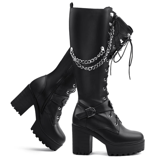 Lace Up Knee High Boots - Women Platform Block Heels