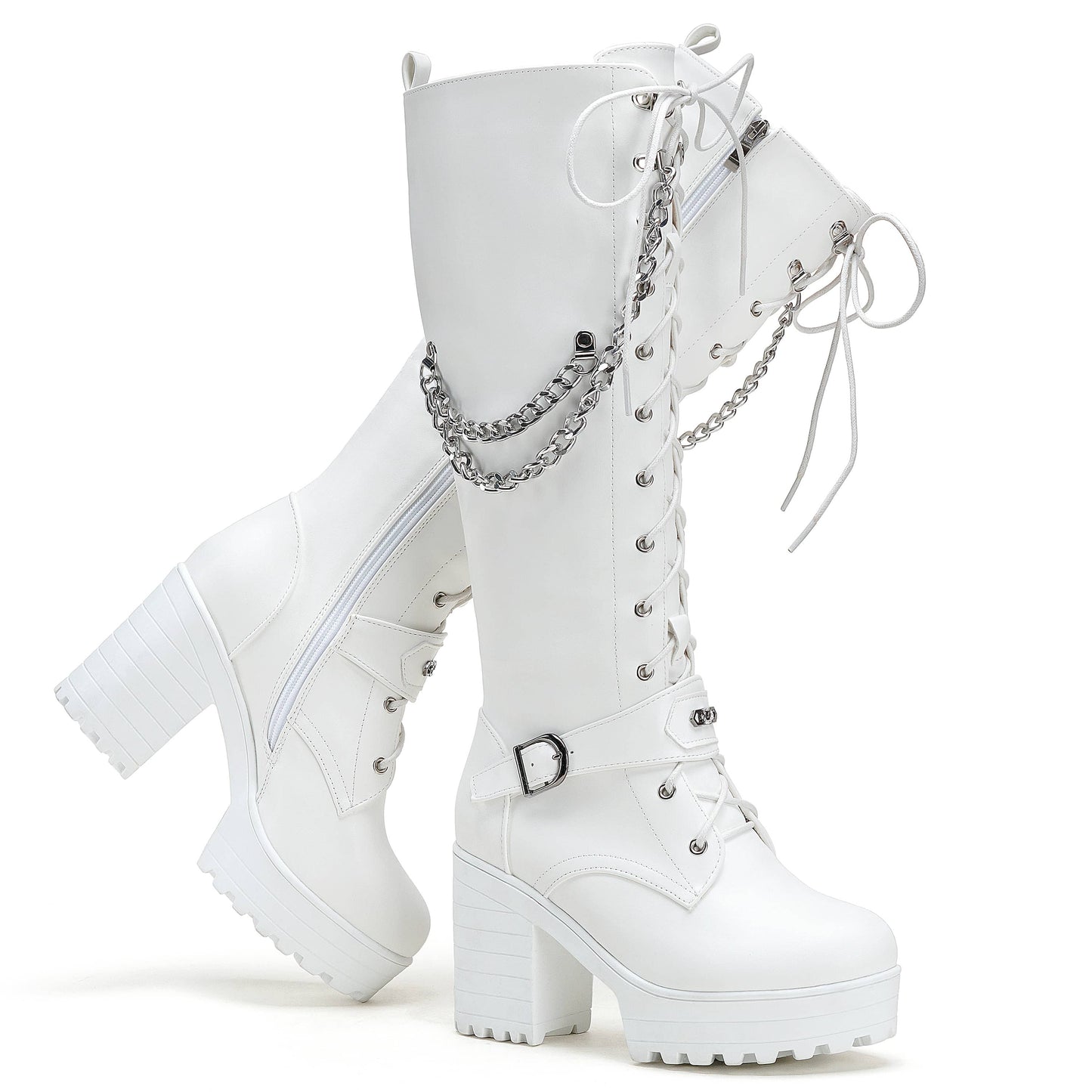 Lace Up Knee High Boots - Women Platform Block Heels