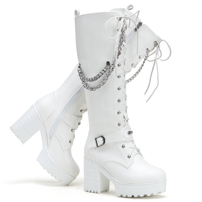 Lace Up Knee High Boots - Women Platform Block Heels