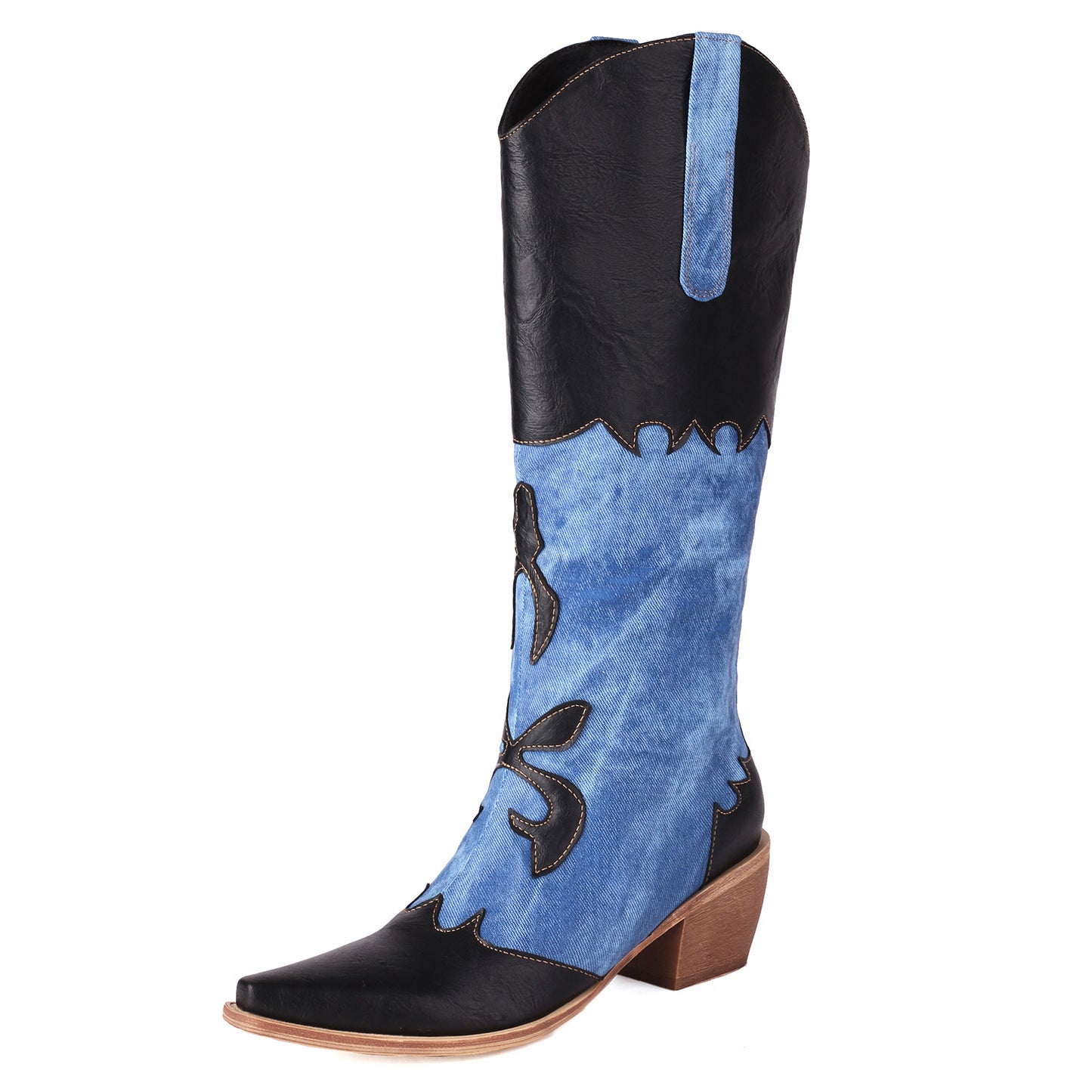Denim Cowboy Boots - Women Pointed Toe Chunky Heel Boots