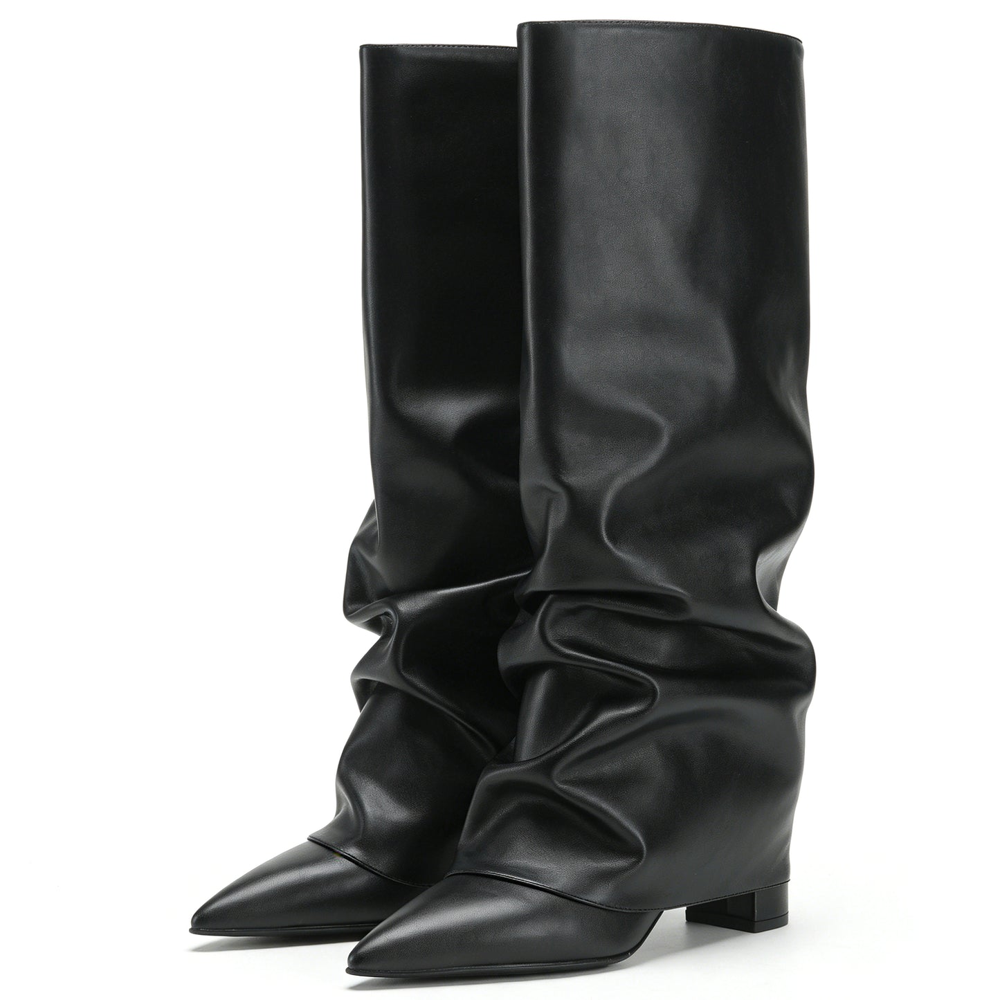 Fold Over Tall Boots - Women Pointed Toe Chunky Heel Boots