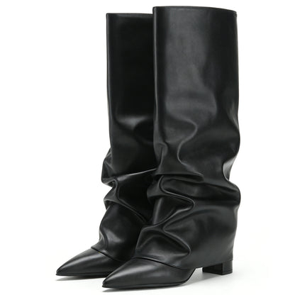 Fold Over Tall Boots - Women Pointed Toe Chunky Heel Boots
