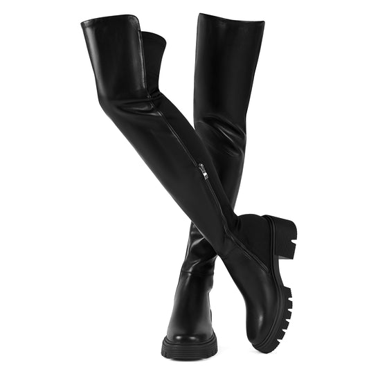 Black Faux Leather Thigh High Boots - Platform Chunky Heel Stretch Zip