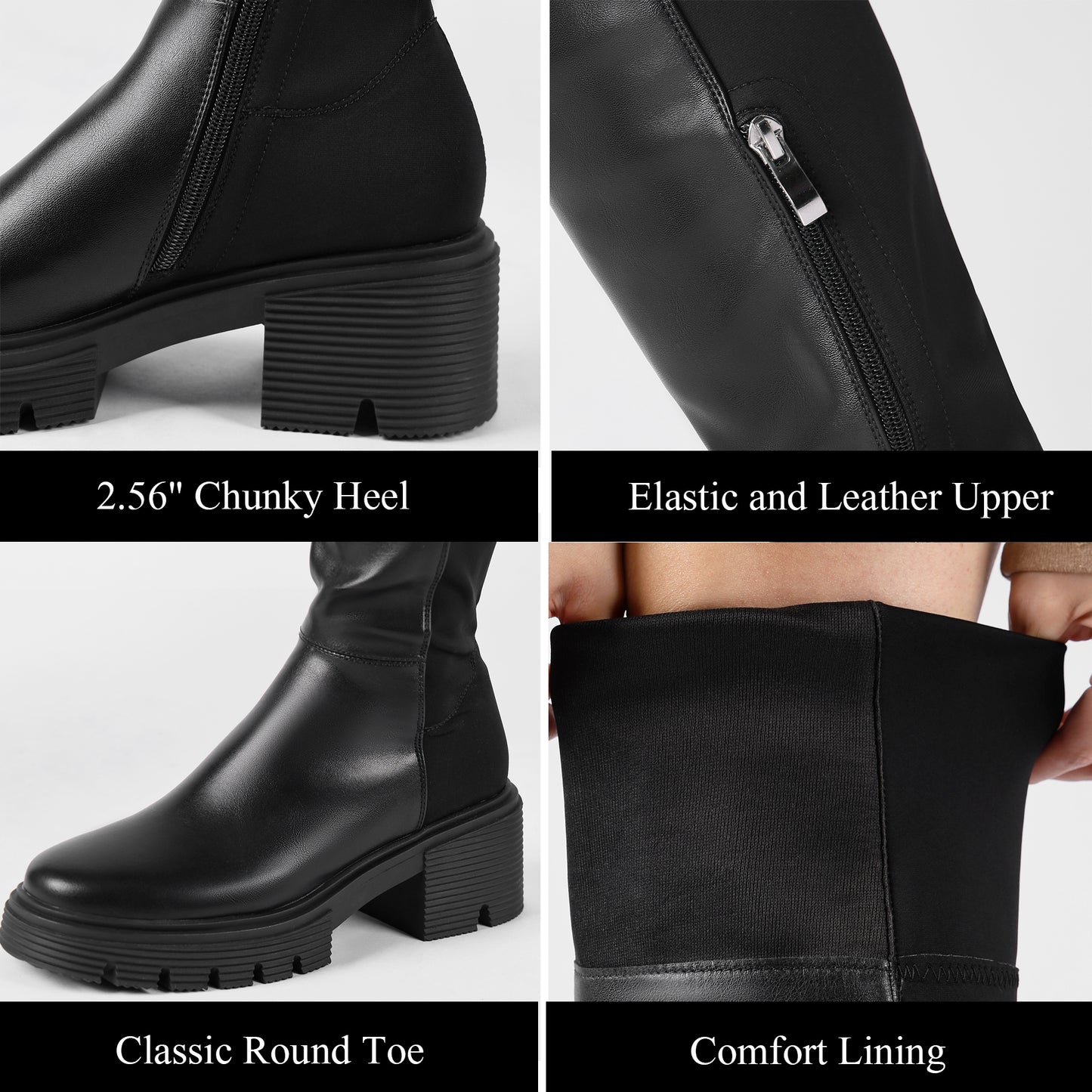 Black Faux Leather Thigh High Boots - Platform Chunky Heel Stretch Zip