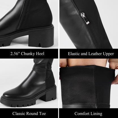 Black Faux Leather Thigh High Boots - Platform Chunky Heel Stretch Zip