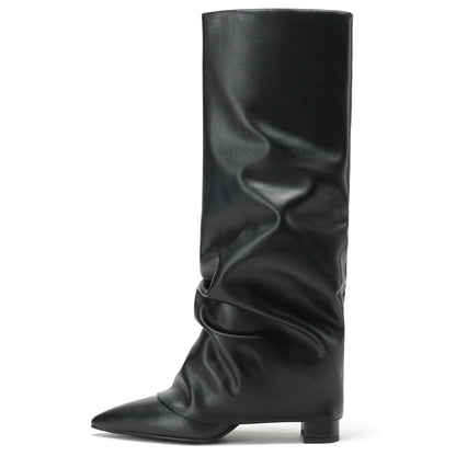 Fold Over Tall Boots - Women Pointed Toe Chunky Heel Boots
