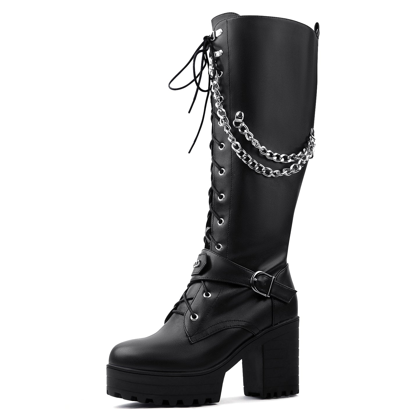 Lace Up Knee High Boots - Women Platform Block Heels