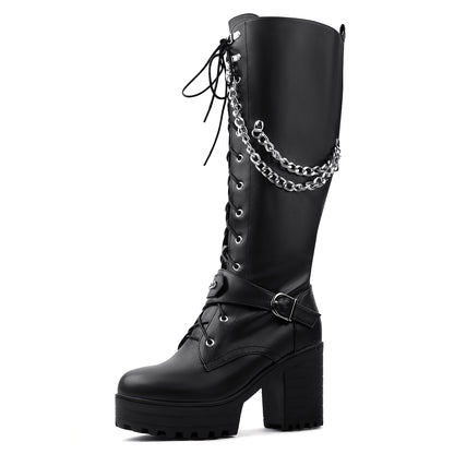 Lace Up Knee High Boots - Women Platform Block Heels