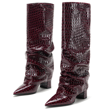 Fold Over Tall Boots - Women Pointed Toe Chunky Heel Boots