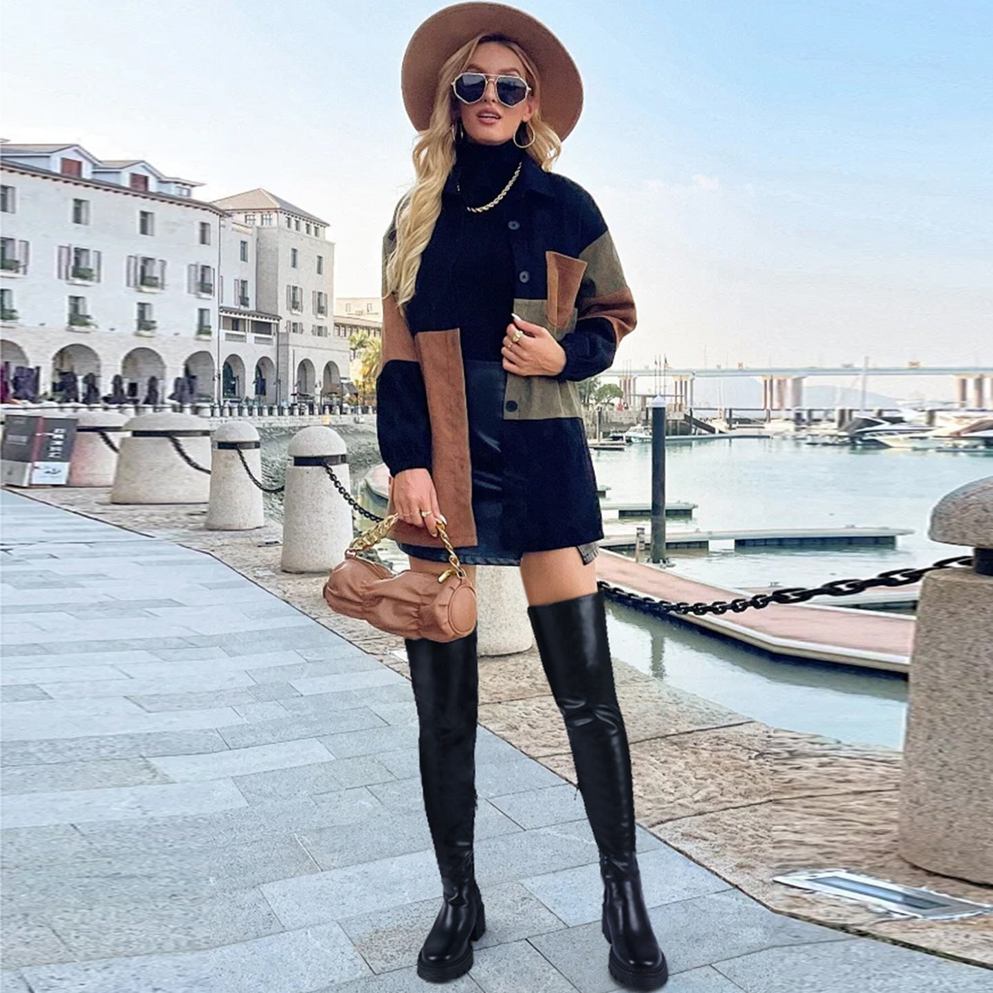 Black Faux Leather Thigh High Boots - Platform Chunky Heel Stretch Zip
