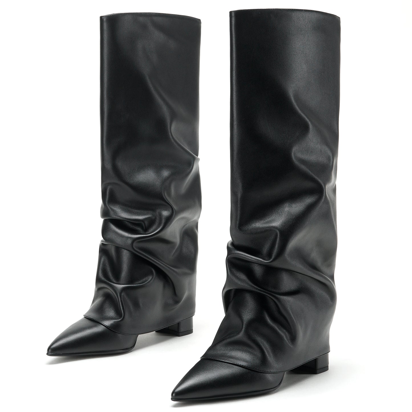 Fold Over Tall Boots - Women Pointed Toe Chunky Heel Boots