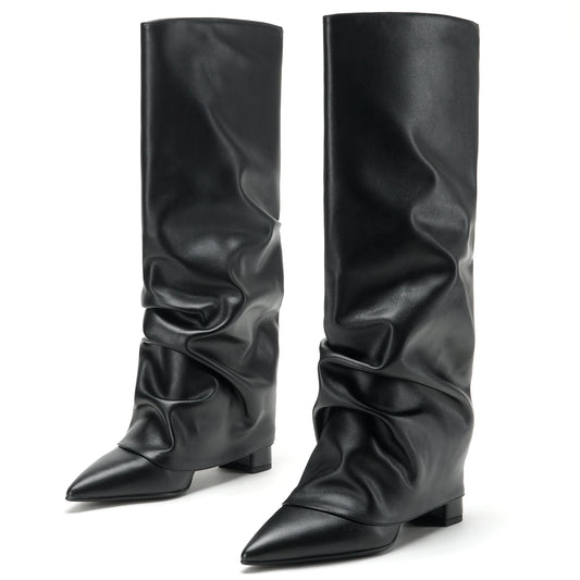 Fold Over Tall Boots - Women Pointed Toe Chunky Heel Boots