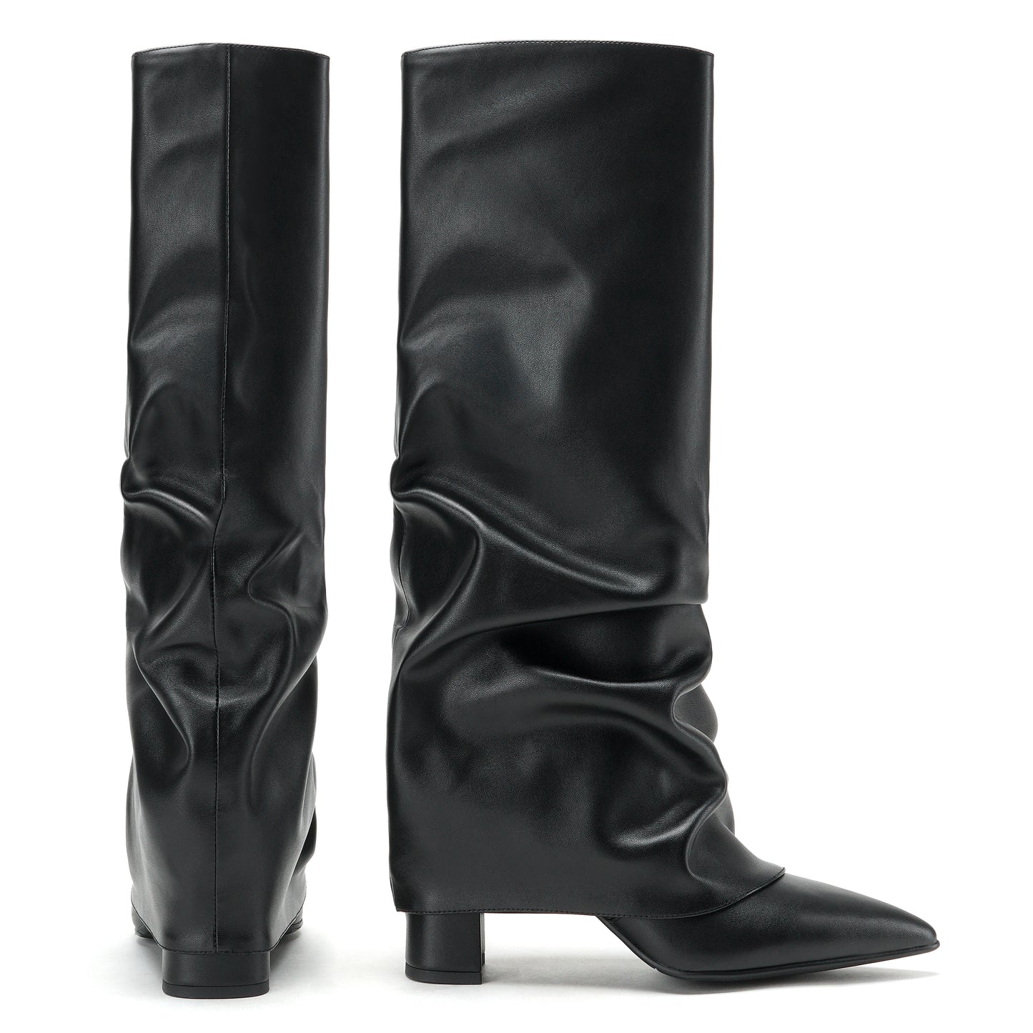 Fold Over Tall Boots - Women Pointed Toe Chunky Heel Boots