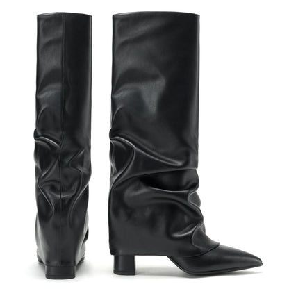 Fold Over Tall Boots - Women Pointed Toe Chunky Heel Boots