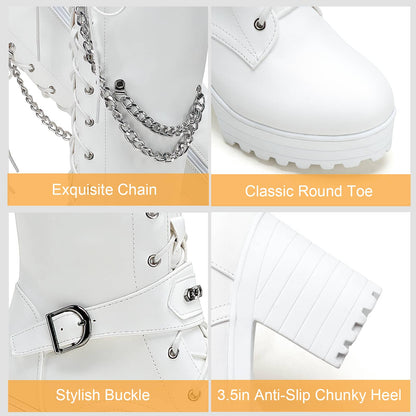 Lace Up Knee High Boots - Women Platform Block Heels