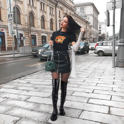 Black Faux Leather Thigh High Boots - Platform Chunky Heel Stretch Zip