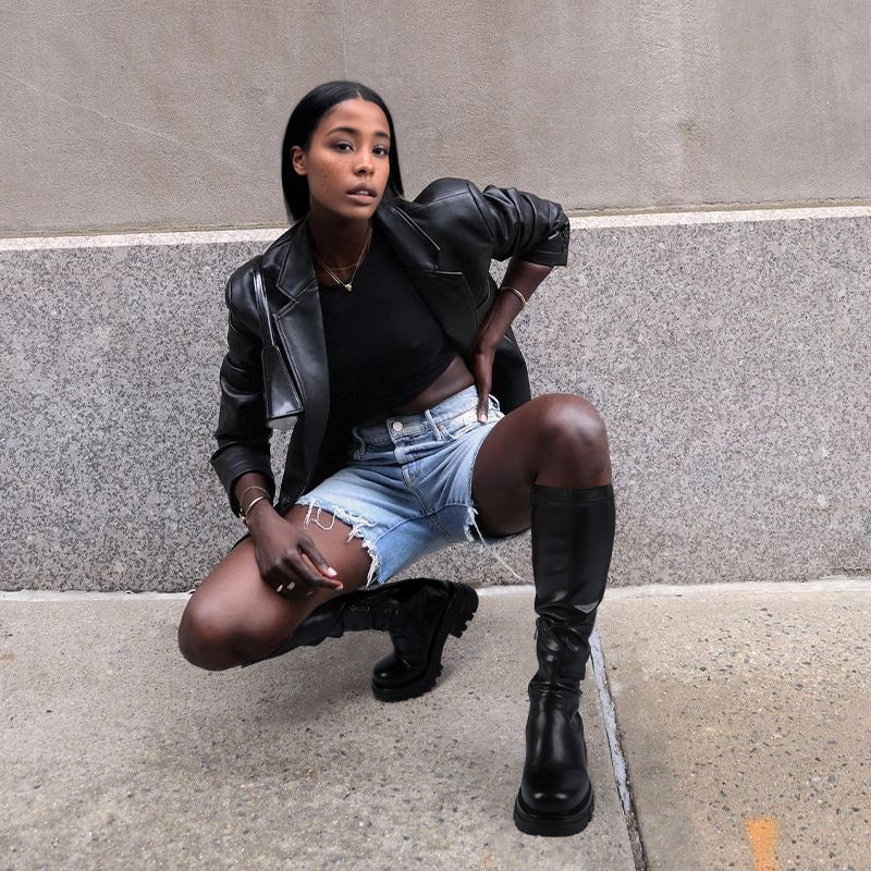 Black Knee High Boots - Lug Sole Stretch Thick Sole Half Zipper