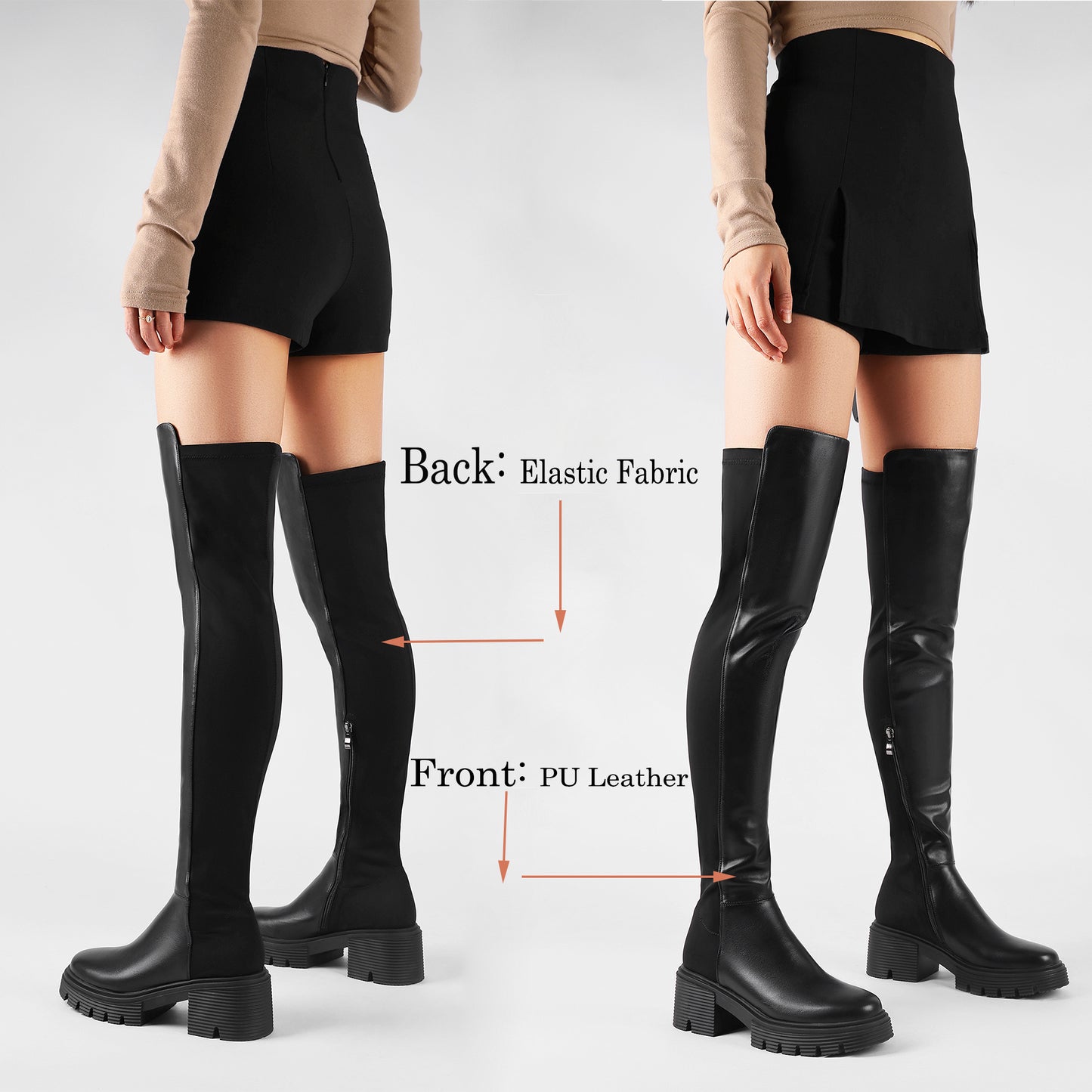 Black Faux Leather Thigh High Boots - Platform Chunky Heel Stretch Zip