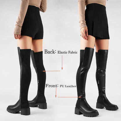 Black Faux Leather Thigh High Boots - Platform Chunky Heel Stretch Zip