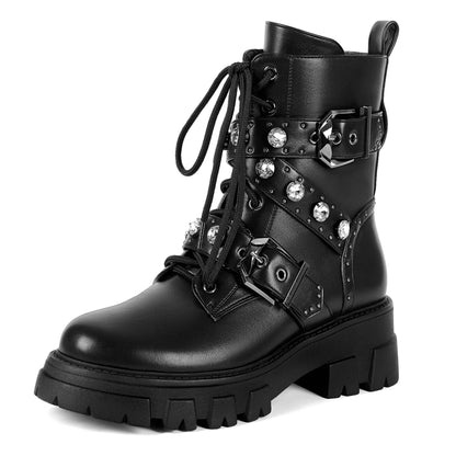 Combat Boots - Women Rhinestone Moto Ankle Boots