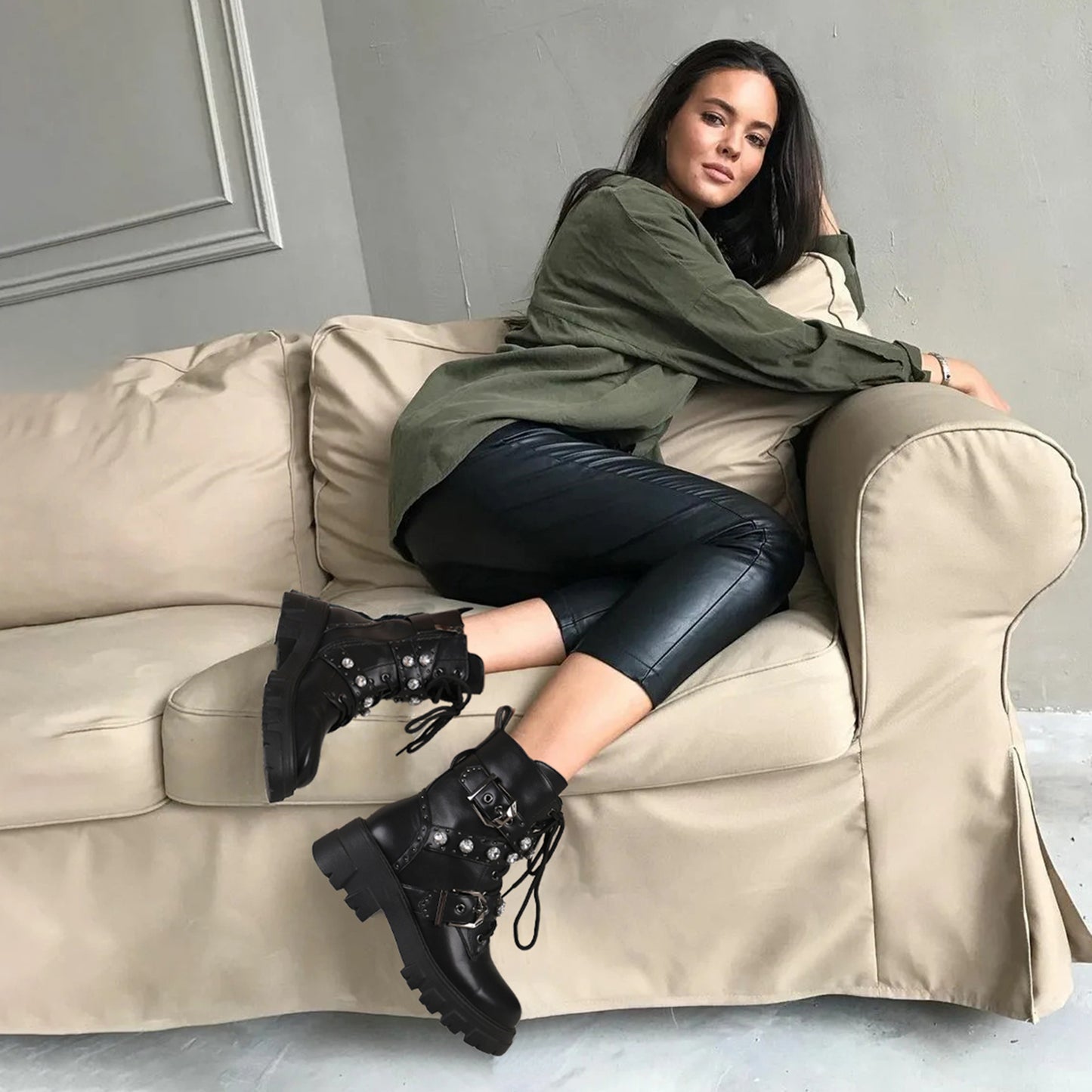 Combat Boots - Women Rhinestone Moto Ankle Boots