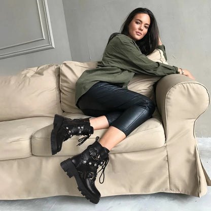Combat Boots - Women Rhinestone Moto Ankle Boots