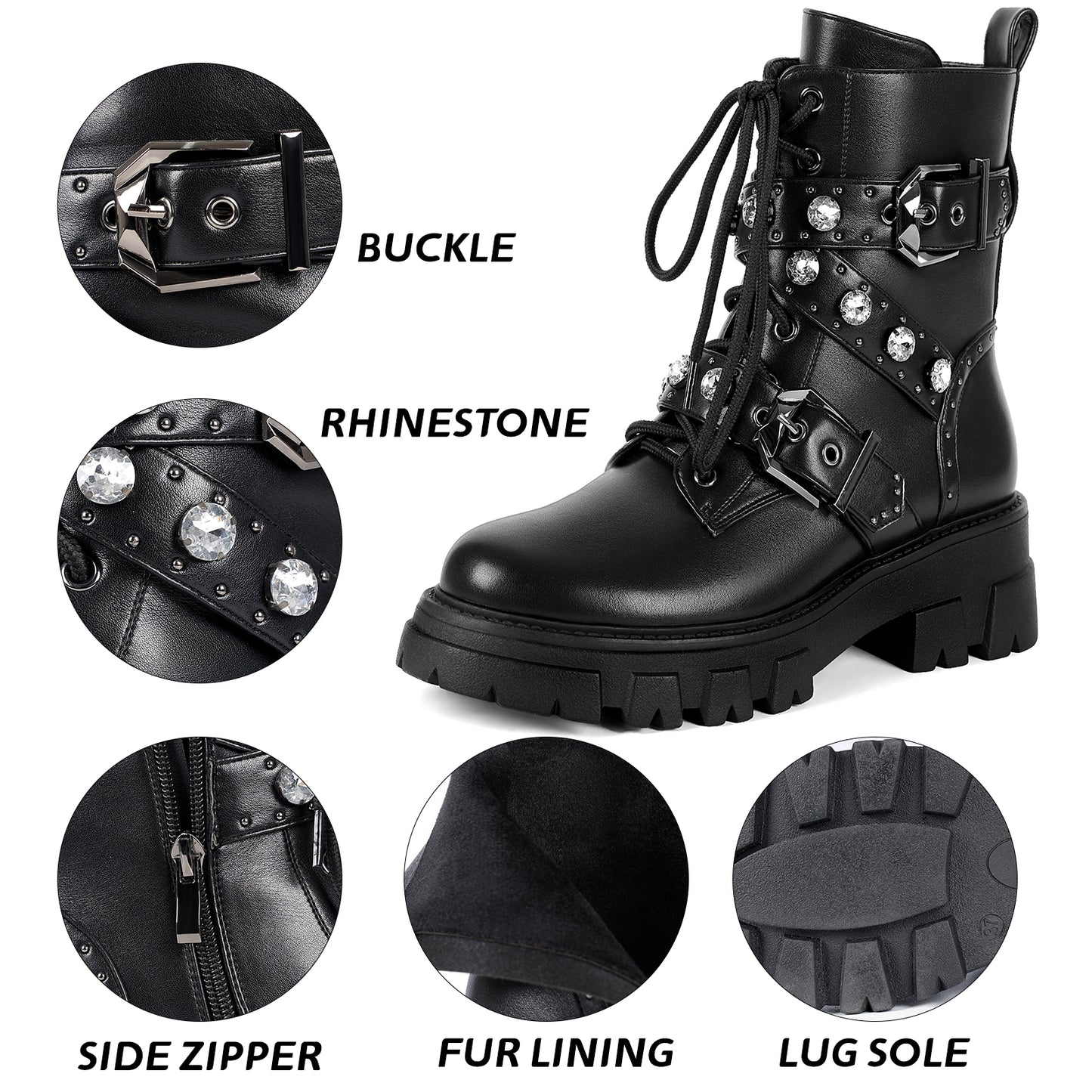 Combat Boots - Women Rhinestone Moto Ankle Boots