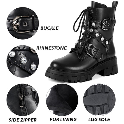 Combat Boots - Women Rhinestone Moto Ankle Boots