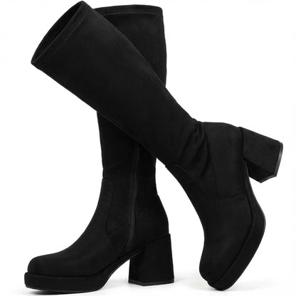 Suede Knee High Boots - Women Platform Chunky Heel Boots