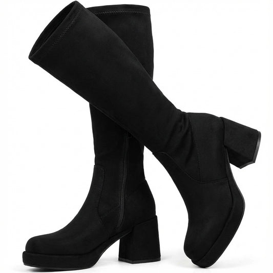 Suede Knee High Boots - Women Platform Chunky Heel Boots