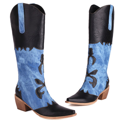 Denim Cowboy Boots - Women Pointed Toe Chunky Heel Boots