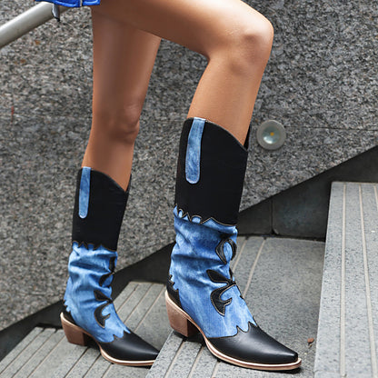 Denim Cowboy Boots - Women Pointed Toe Chunky Heel Boots