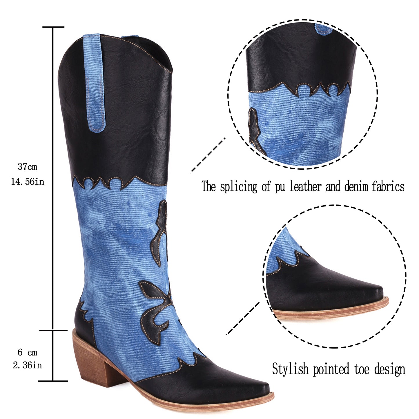Denim Cowboy Boots - Women Pointed Toe Chunky Heel Boots