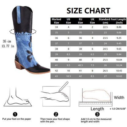 Denim Cowboy Boots - Women Pointed Toe Chunky Heel Boots