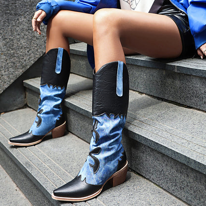 Denim Cowboy Boots - Women Pointed Toe Chunky Heel Boots