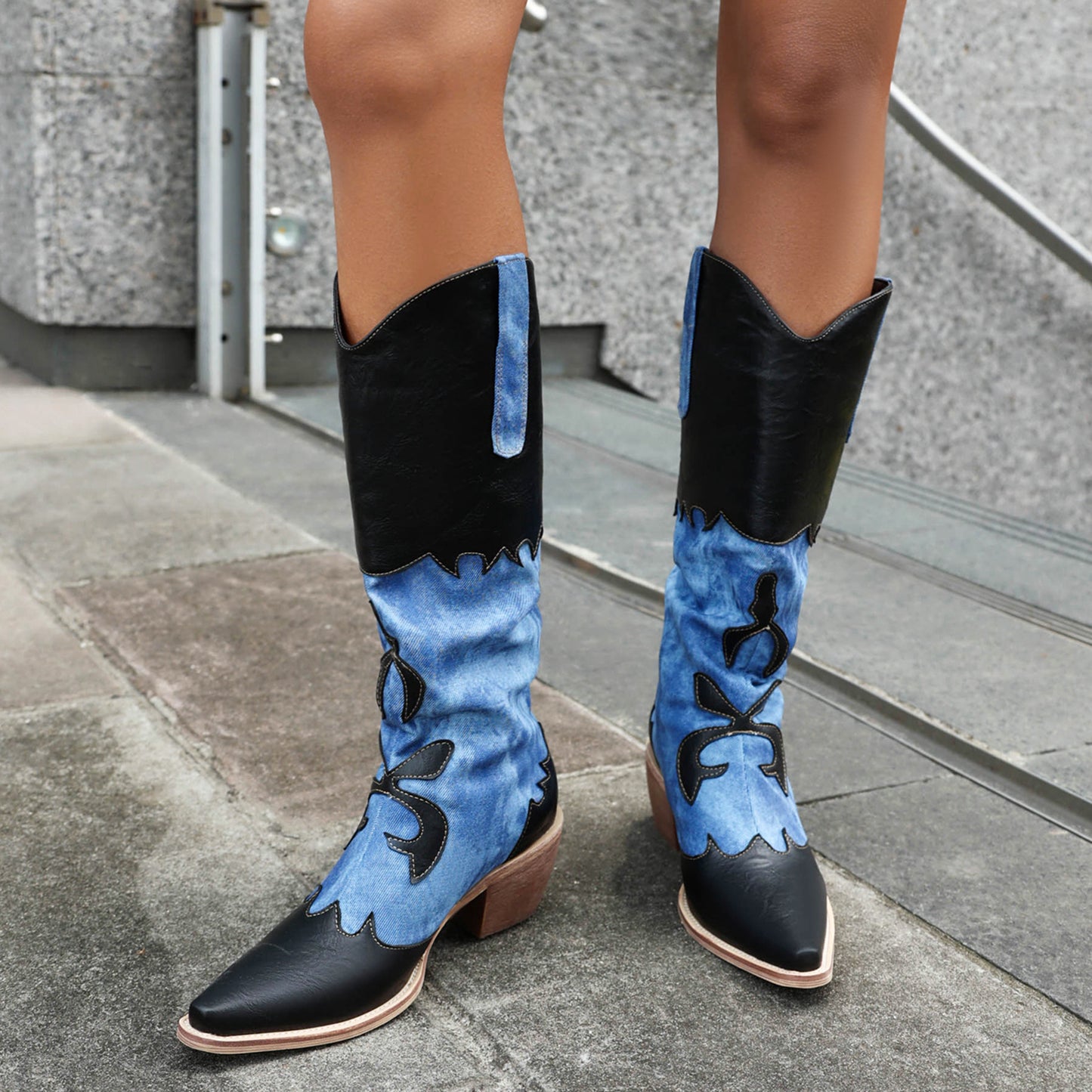 Denim Cowboy Boots - Women Pointed Toe Chunky Heel Boots