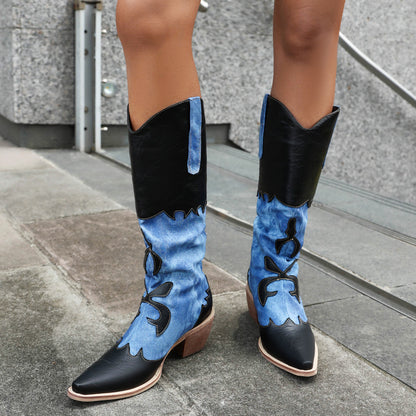 Denim Cowboy Boots - Women Pointed Toe Chunky Heel Boots
