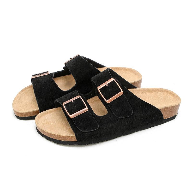 Side view for genuine leather birkenstock style slides beige unisex