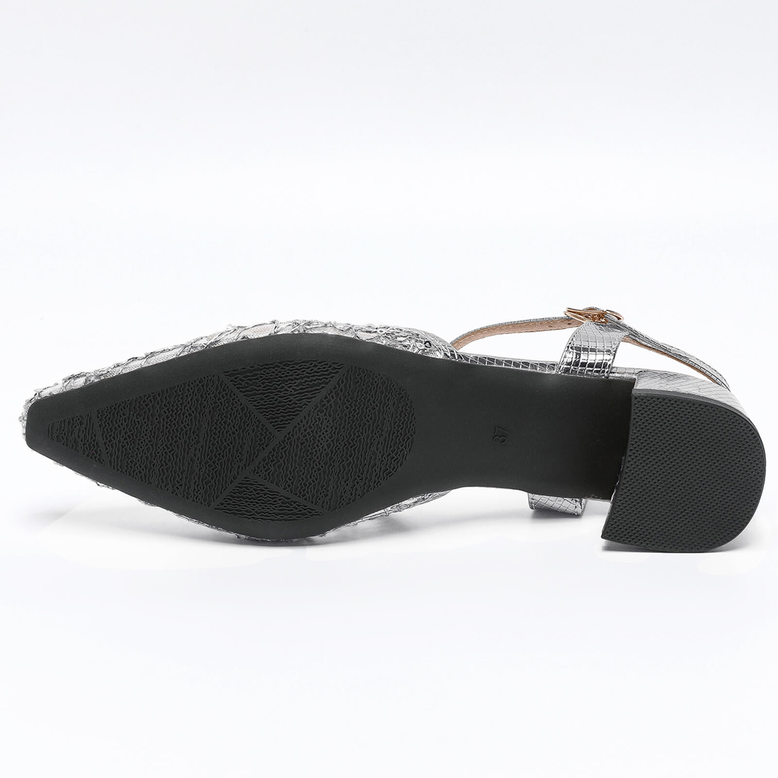 Bottom view of women's silver mesh glitter pumps with an elegant pointed toe