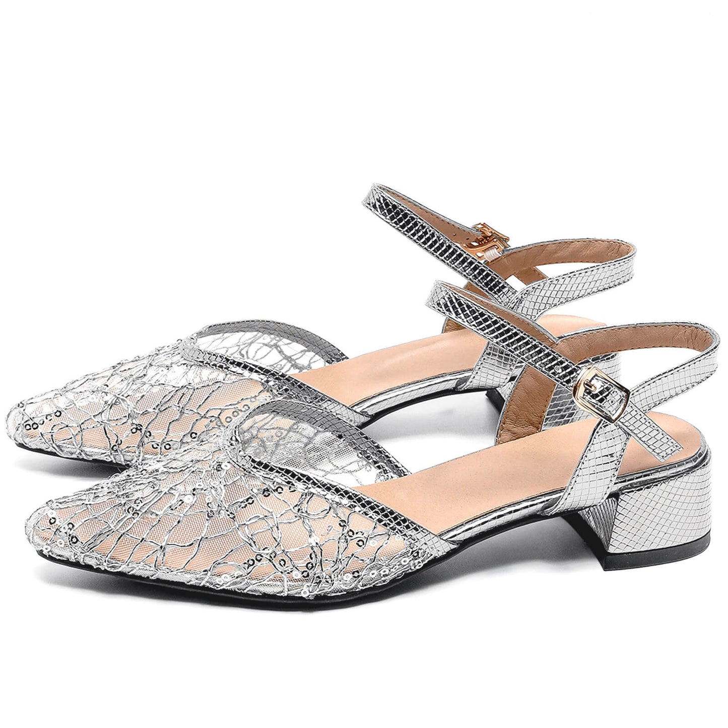 Side view of women's silver mesh glitter Sandals with an elegant pointed toe