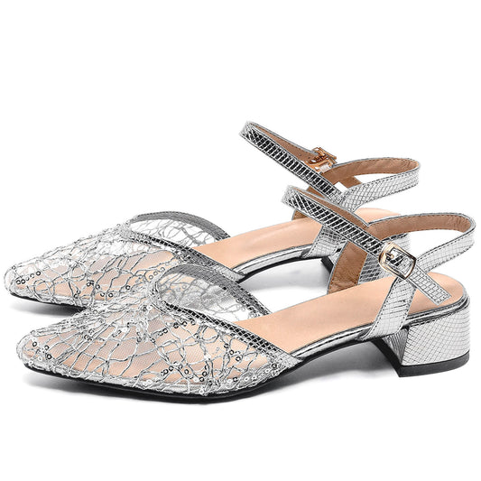 Side view of women's silver mesh glitter Sandals with an elegant pointed toe