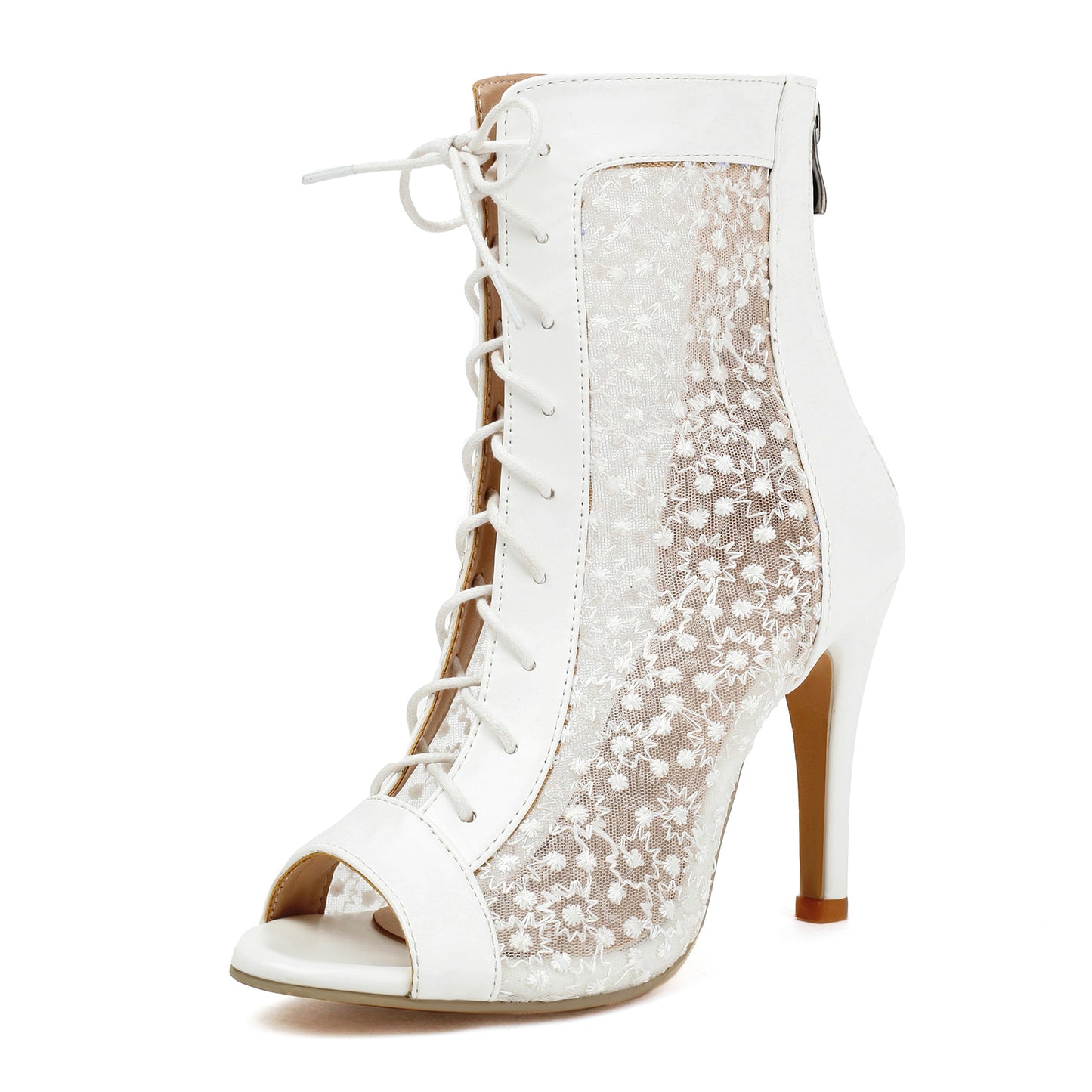 Lace Up Open Toe Dance Booties - Mesh Sequin Stiletto High Heel