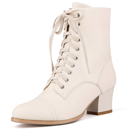 Lace Up Victorian Booties Mid Block Heel with Zipper