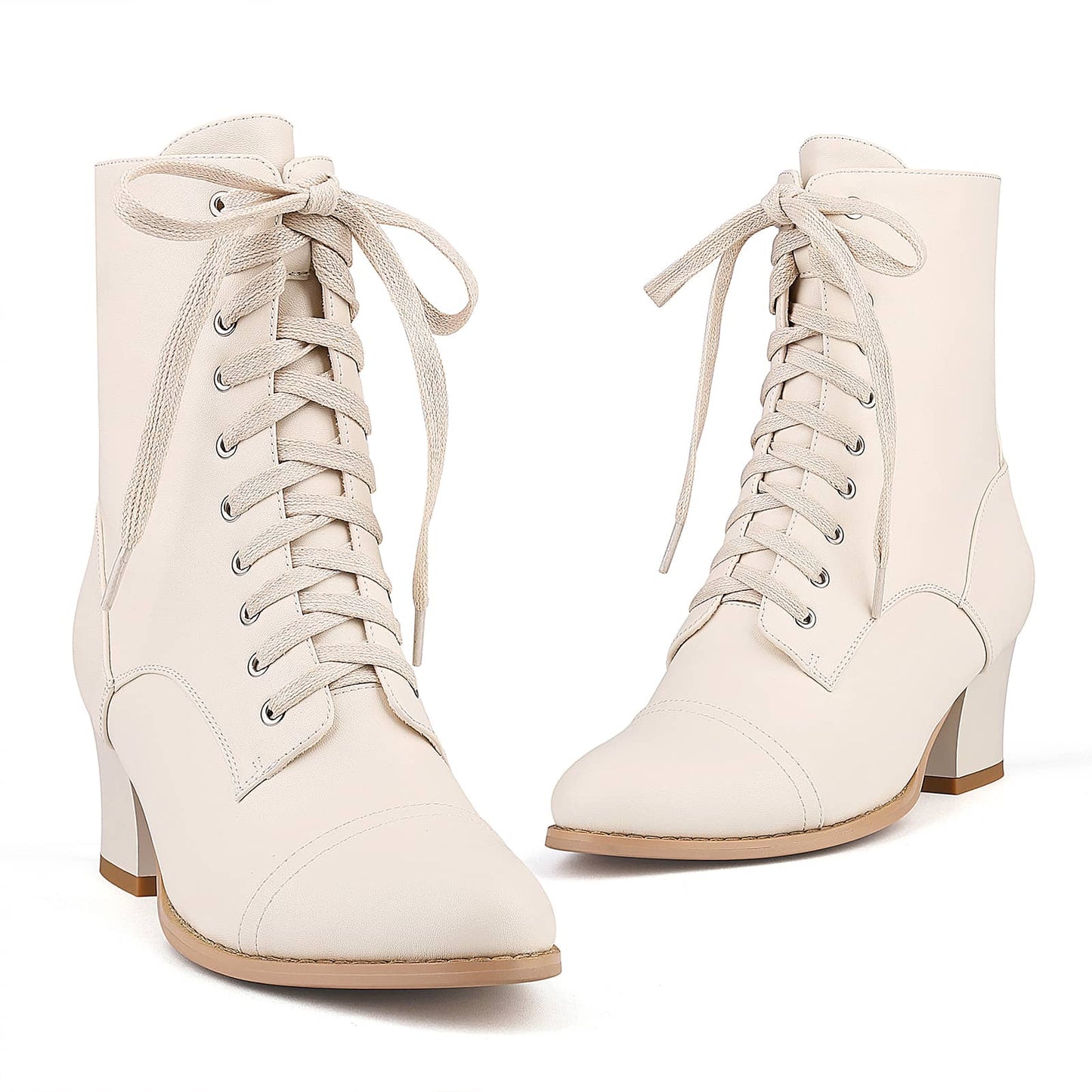 Lace Up Victorian Booties Mid Block Heel with Zipper