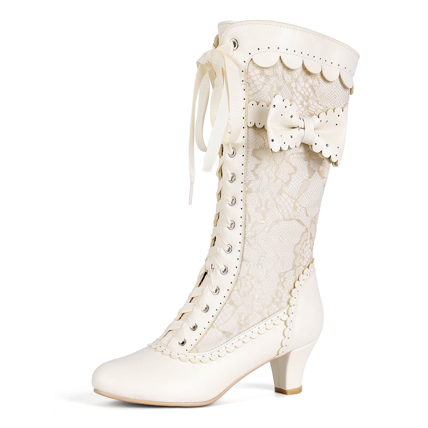 Side view of beige renaissance mid heel bridal boots, visible side zipper and elegant heel detail