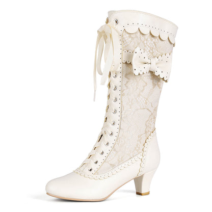 Side view of beige renaissance mid heel bridal boots, visible side zipper and elegant heel detail