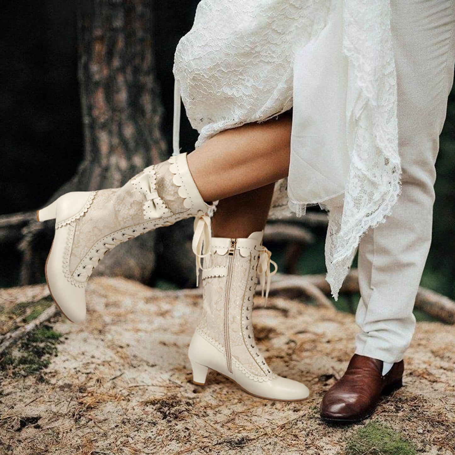 Bride wearing beige renaissance mid heel zipper boots with wedding gown for bridal occasion