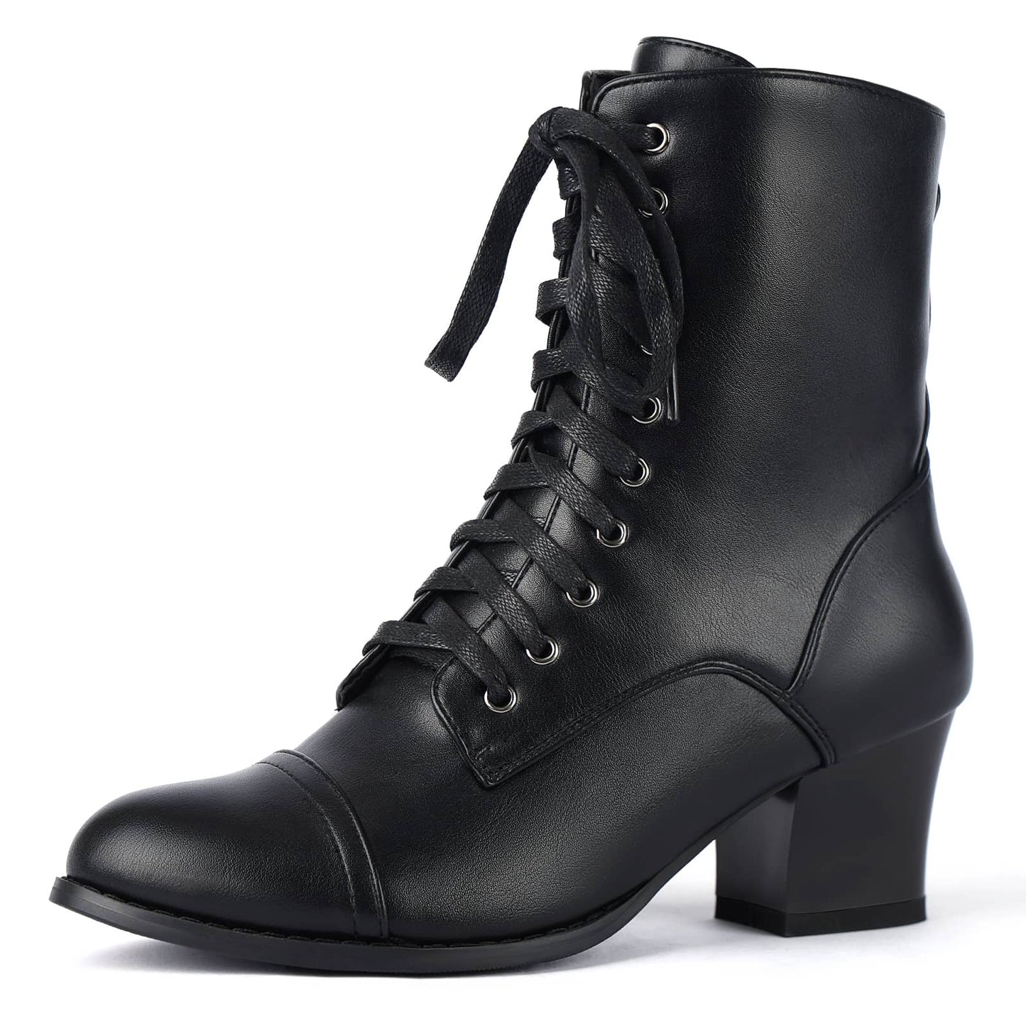 Lace Up Victorian Booties Mid Block Heel with Zipper